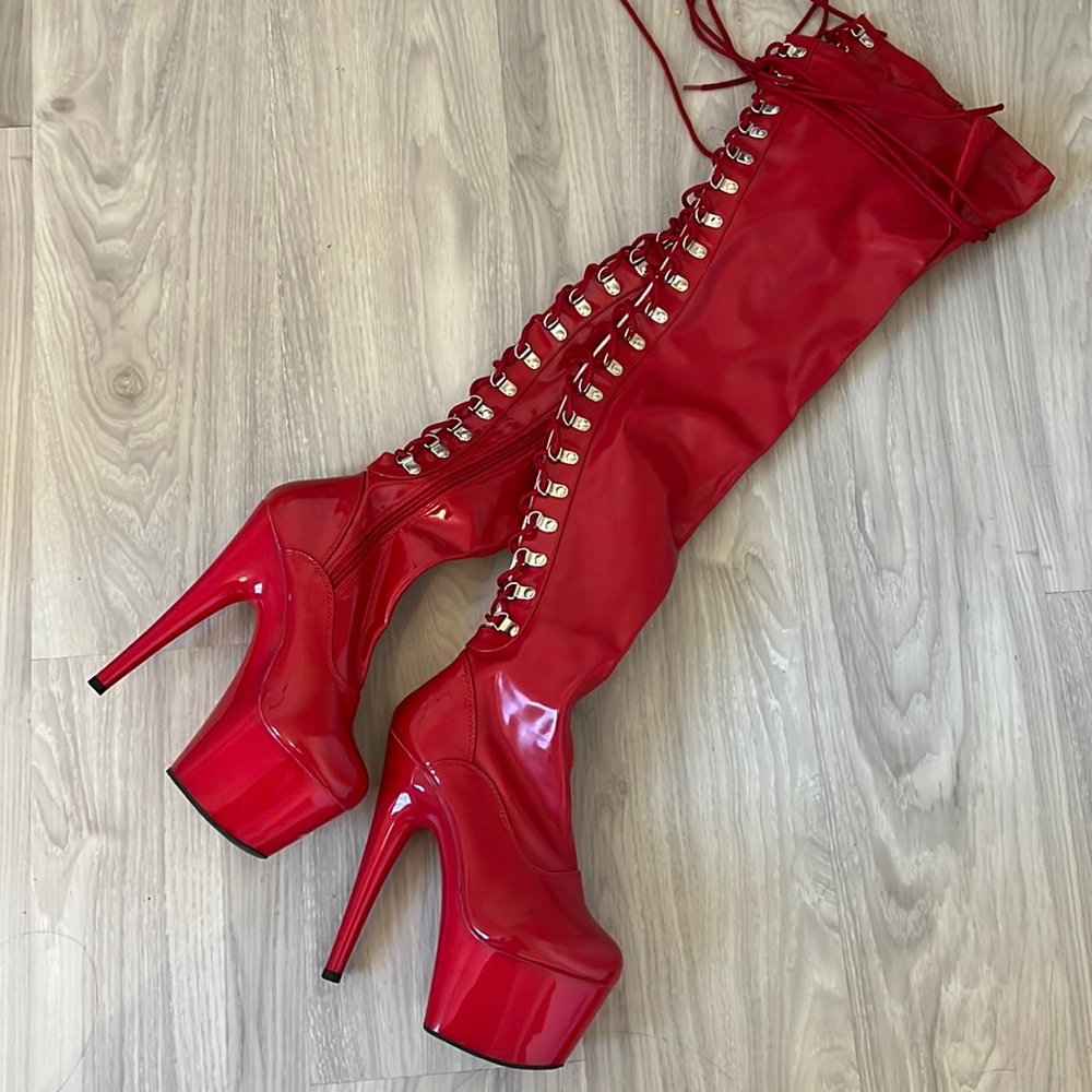 Pleaser Shoes Patent Red Thigh High Platform Heeled Boots